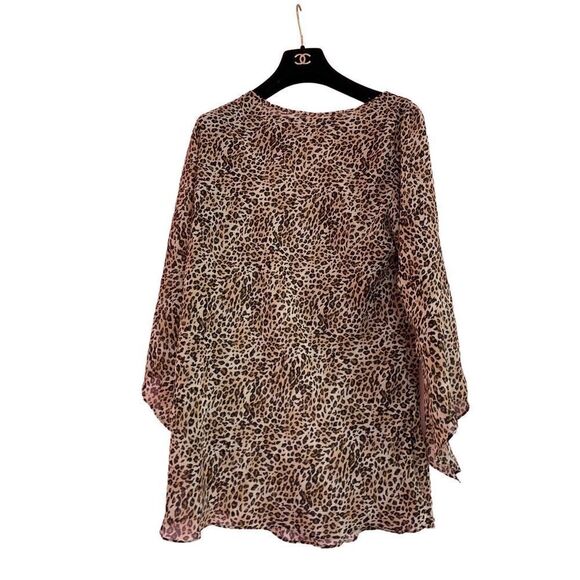 Susan Lucci Women's Tan Animal Print Semi Sheer Long Sleeve Tunic Blouse Large - Picture 2 of 6